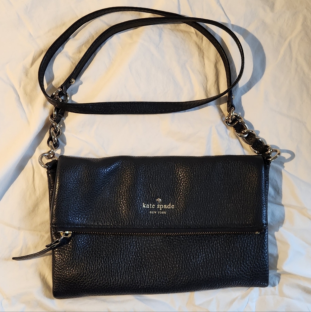 kate spade Black Pebbled Leather Fold-Over Crossbody with Chain Strap